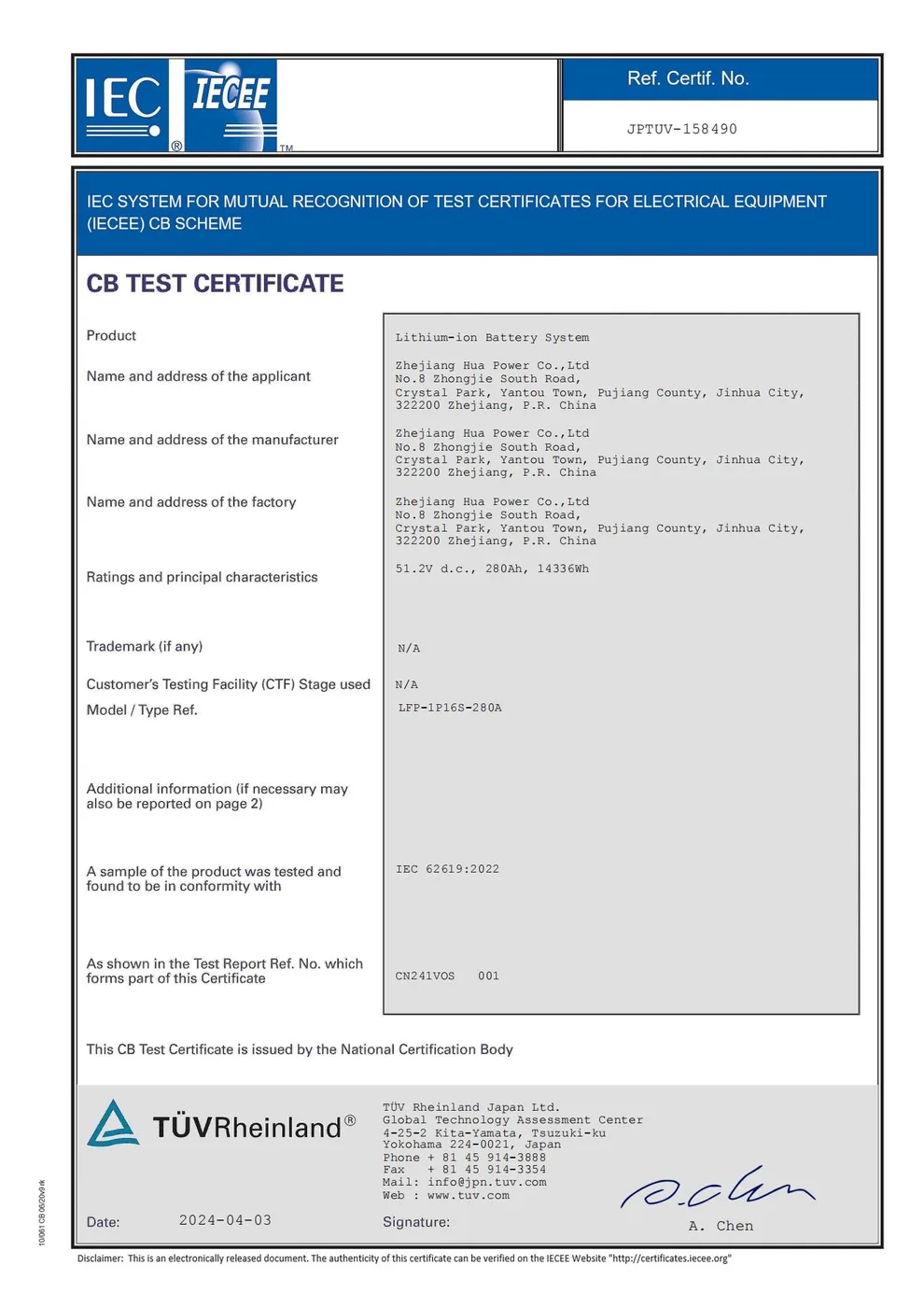 IECEE CB Test Certificate — IEC 62619:2022 Lithium-ion Battery System