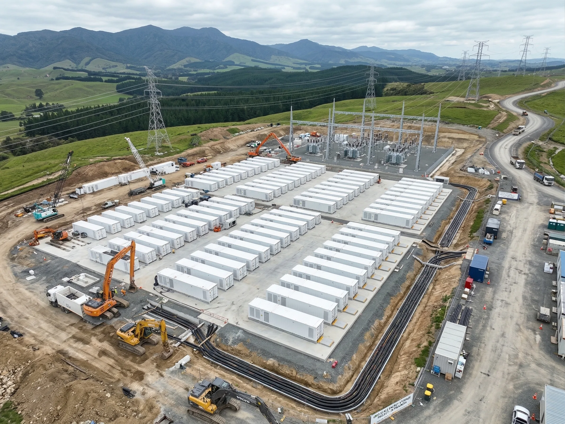 Utility-scale battery energy storage station with containers and transmission towers